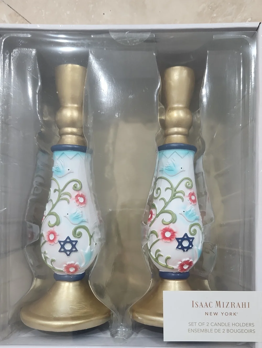Isaac Mizrahi White, Blue, Gold Ceramic Candle Holders (Pair)